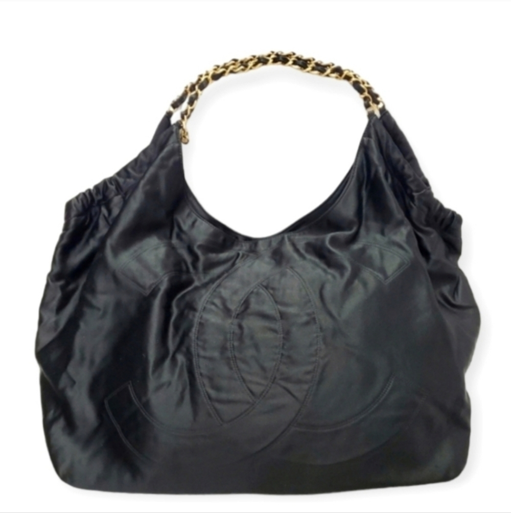 CHANEL Black Satin Maxi Hobo Bag Oversized CC Logo Gold Chain